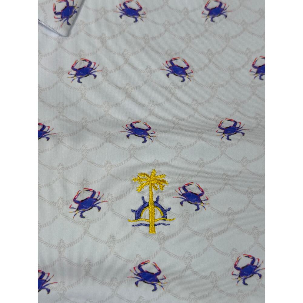 Scales Men L White Blue Crab Print Short Sleeve Polo Athletic Golf Shirt Casual - Picture 6 of 10